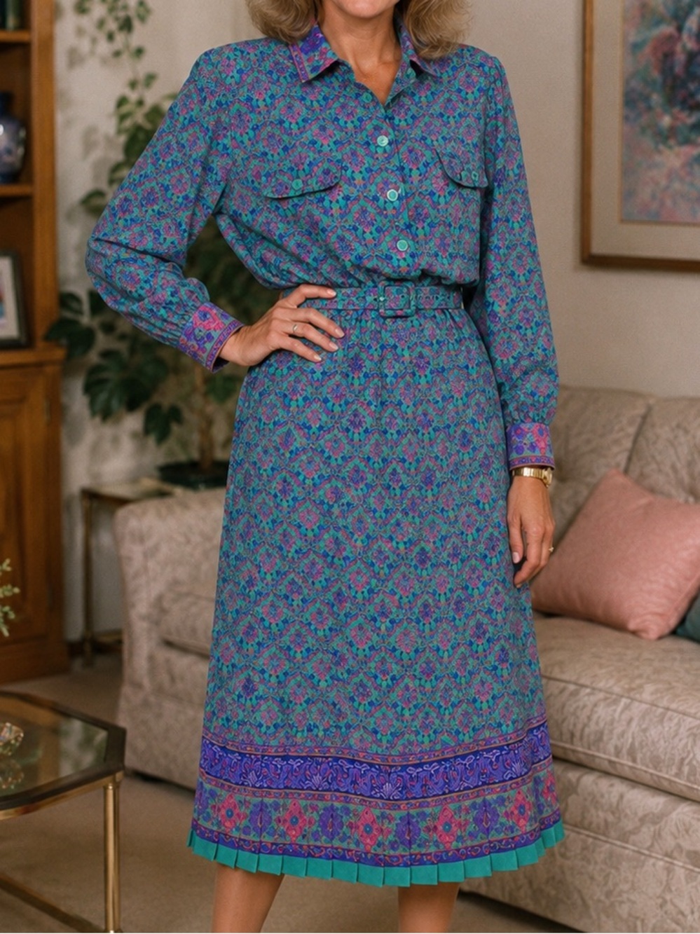 vintage 80s Schrader shirt dress features a patterned teal and purple 16